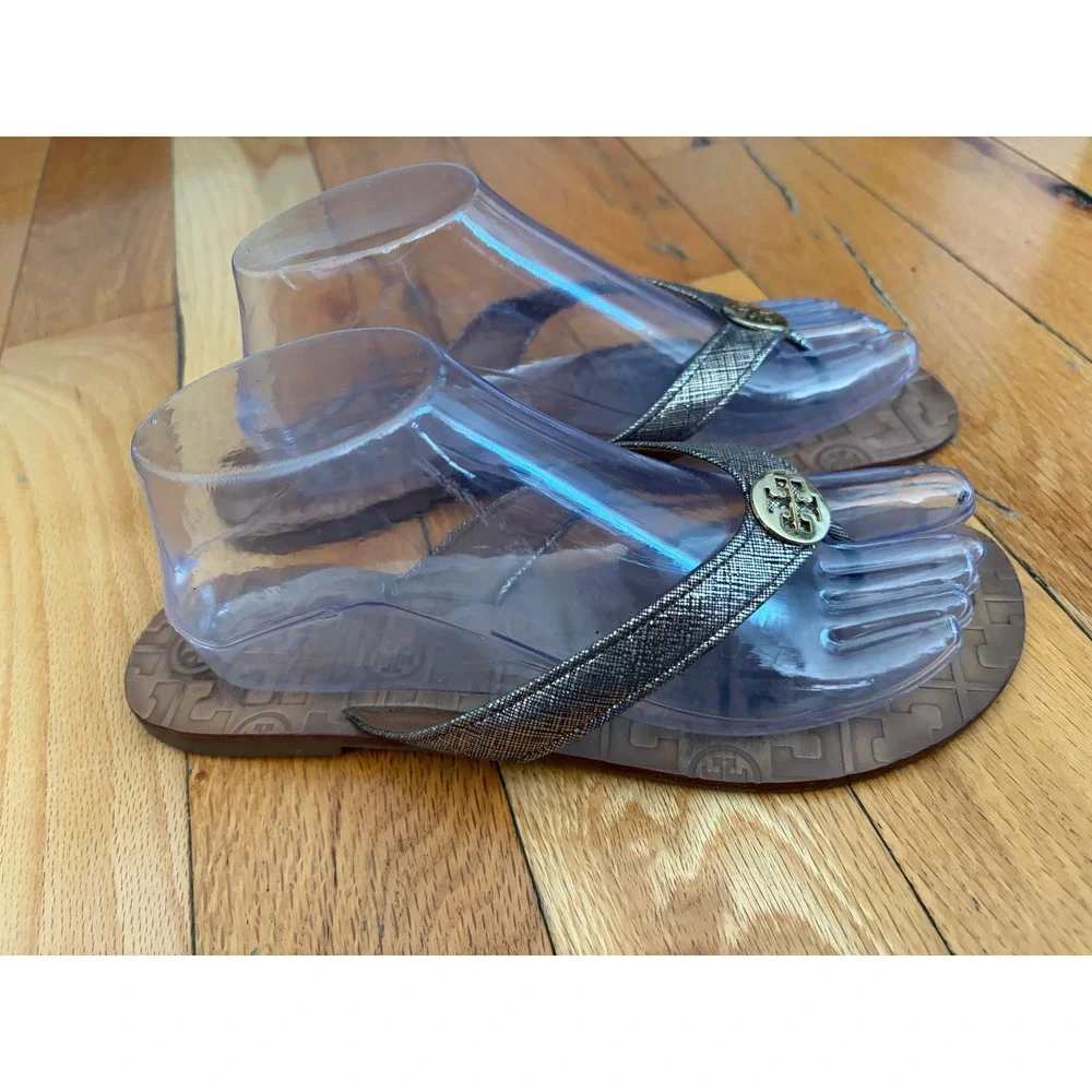 Tory Burch Thora Bronze Leather Gold Logo Flip Flop Thong Sandal Size 9